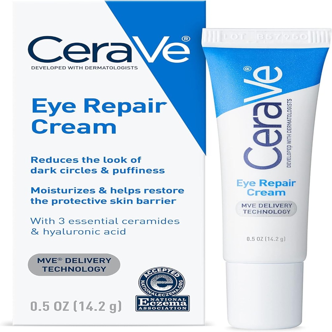 CeraVe Eye Repair Cream | Under Eye Cream for Dark Circles and Puffiness Delicate Skin Under Eye Area with Hyaluronic acid and Ceramides | Non-comedogenic, Fragrance Free 0.5Oz, 14 ML
